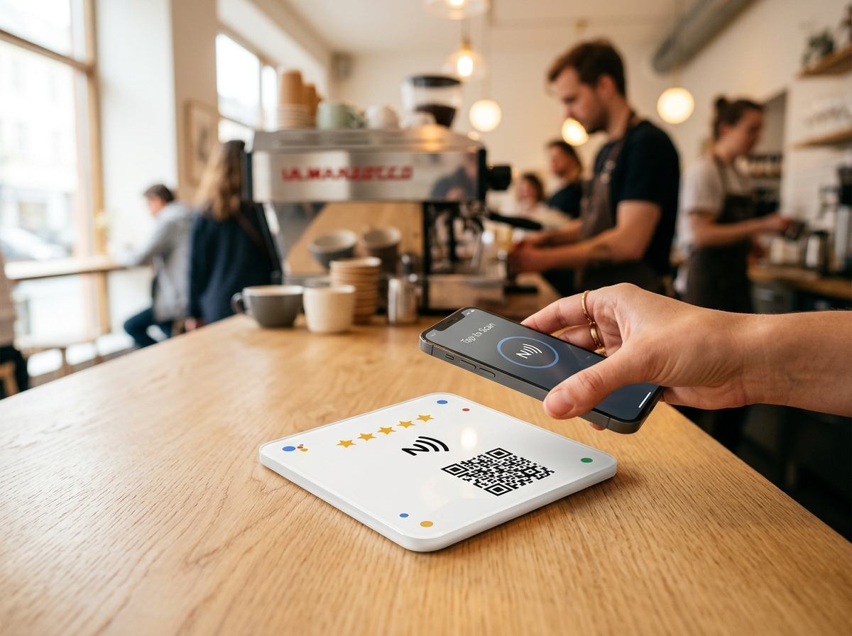 Placa de acrílico NFC con estrellas de Google en el mostrador de una cafetería