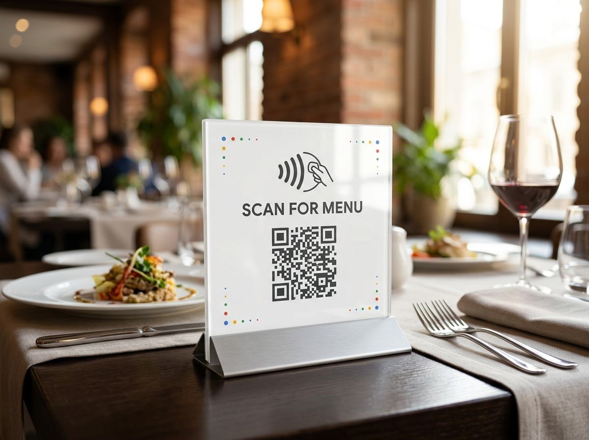 Placa NFC con QR para menú digital en una mesa de restaurante