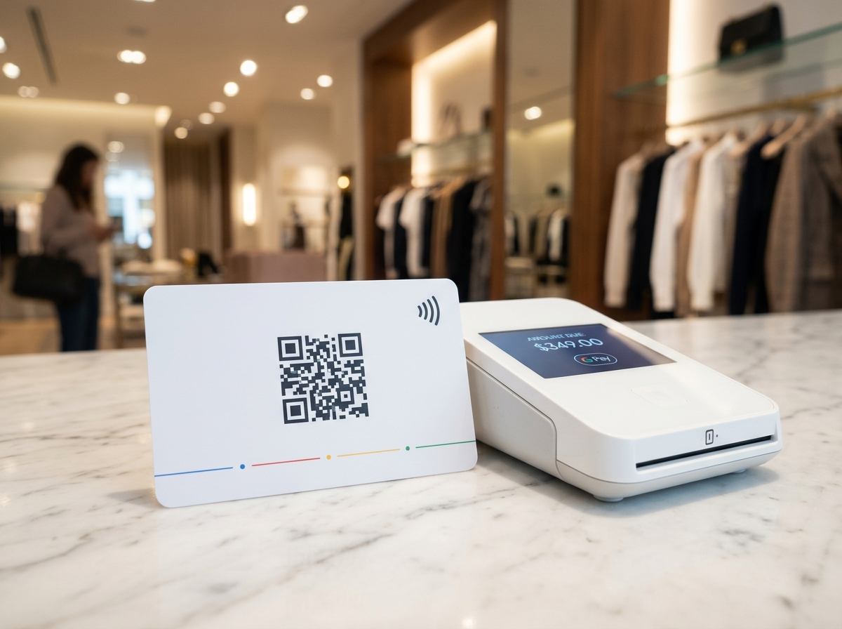 Tarjeta PVC NFC con QR junto a la terminal de cobro de una boutique
